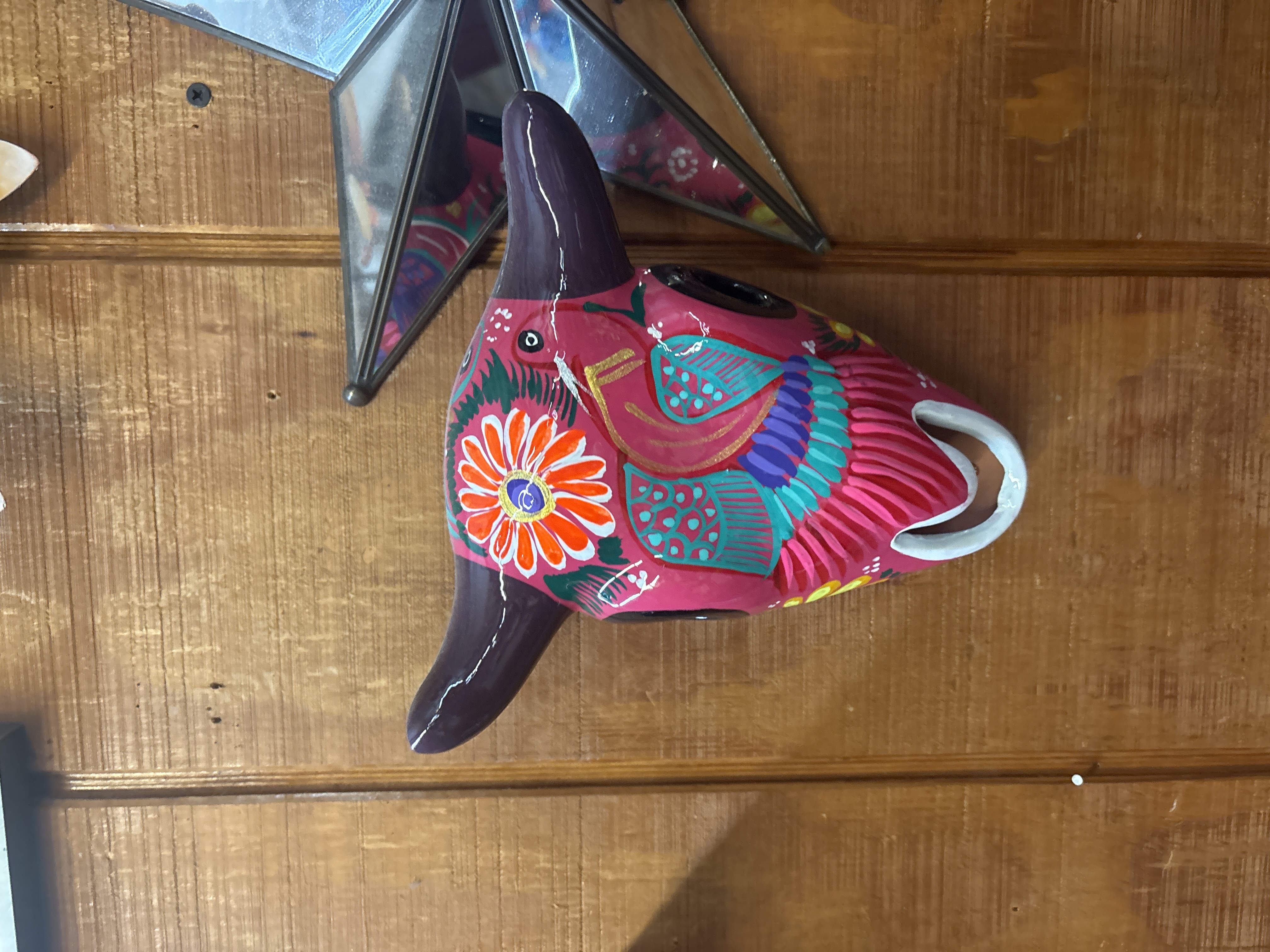 Hand-Painted Mexican Bull Head Wall Decor - Pink Floral - NWT