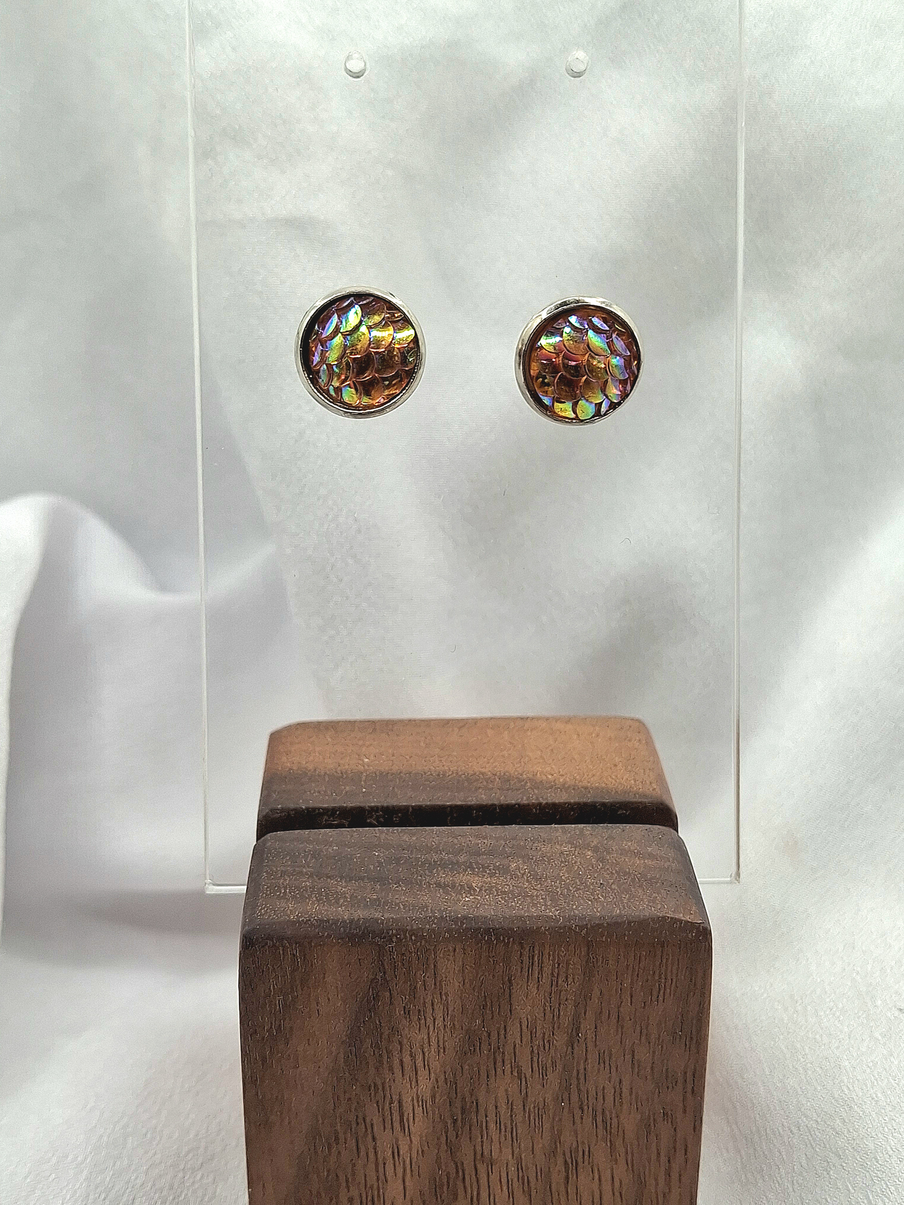 Image 6 for Coral/Peach Iridescent Mermaid Fish Scale Stud Earrings