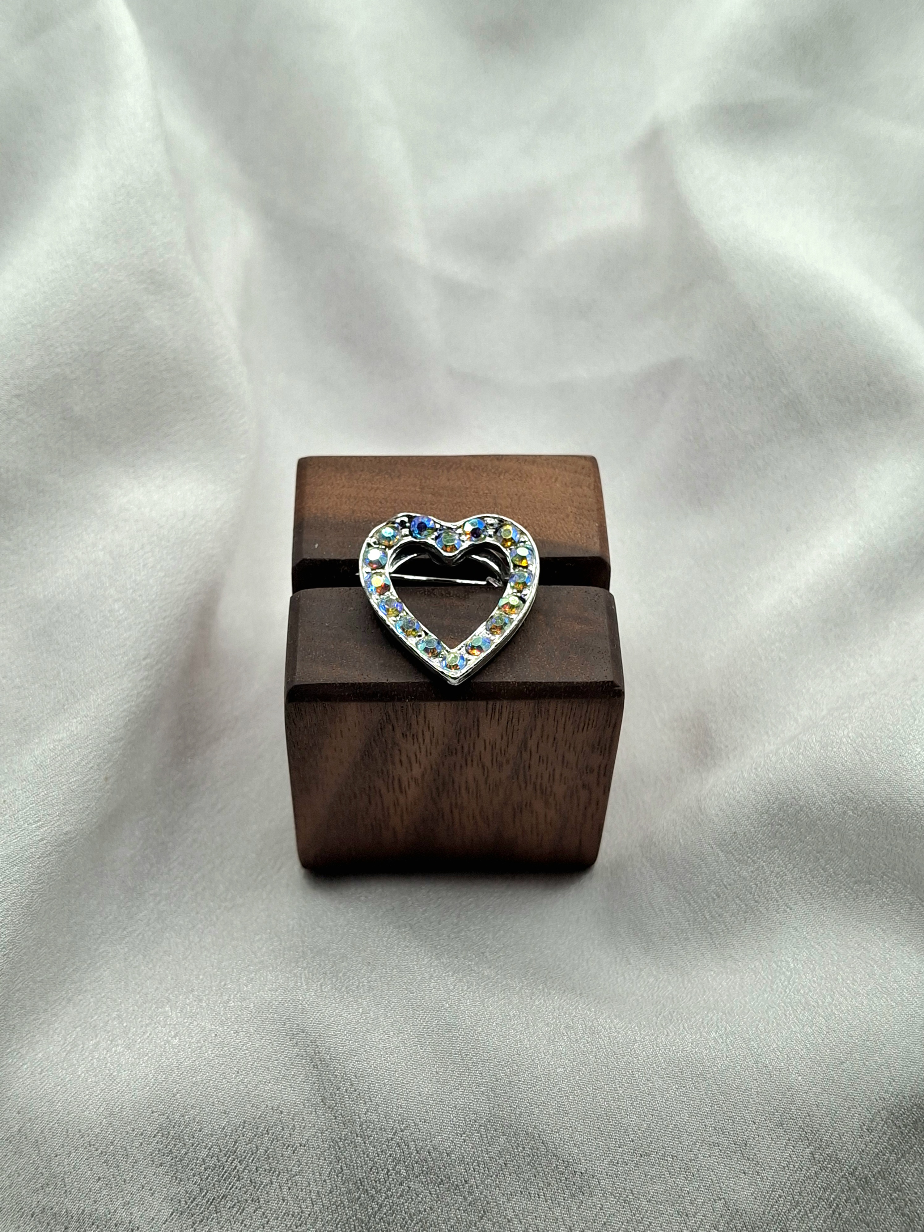 Image 4 for Vintage Heart-Shaped Iridescent Crystal Brooch Pin - AB Rainbow Sparkle