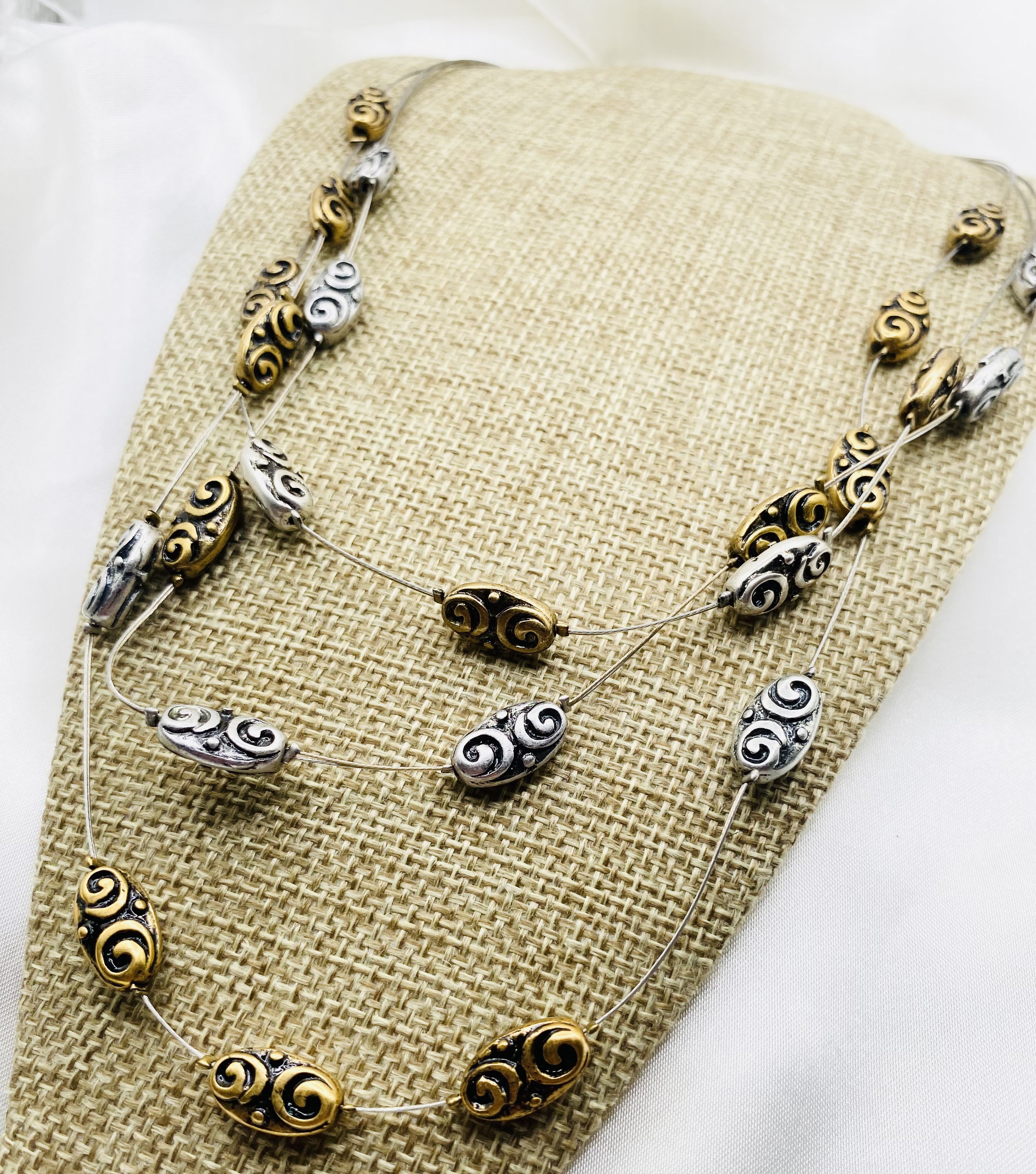 Image 2 for Elegant 3-Strand Swirl Beaded Necklace - Gold & Silver