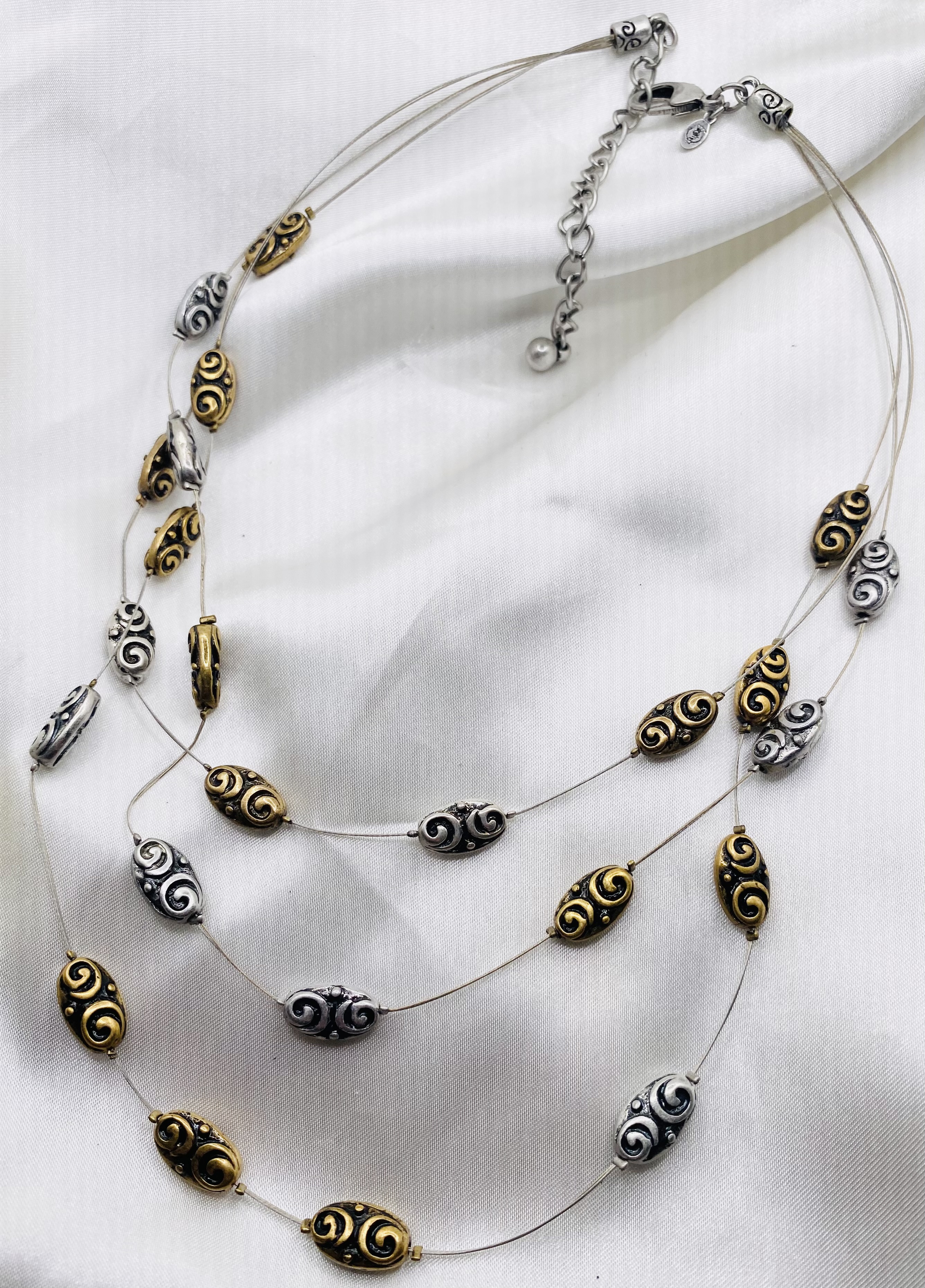 Image 3 for Elegant 3-Strand Swirl Beaded Necklace - Gold & Silver