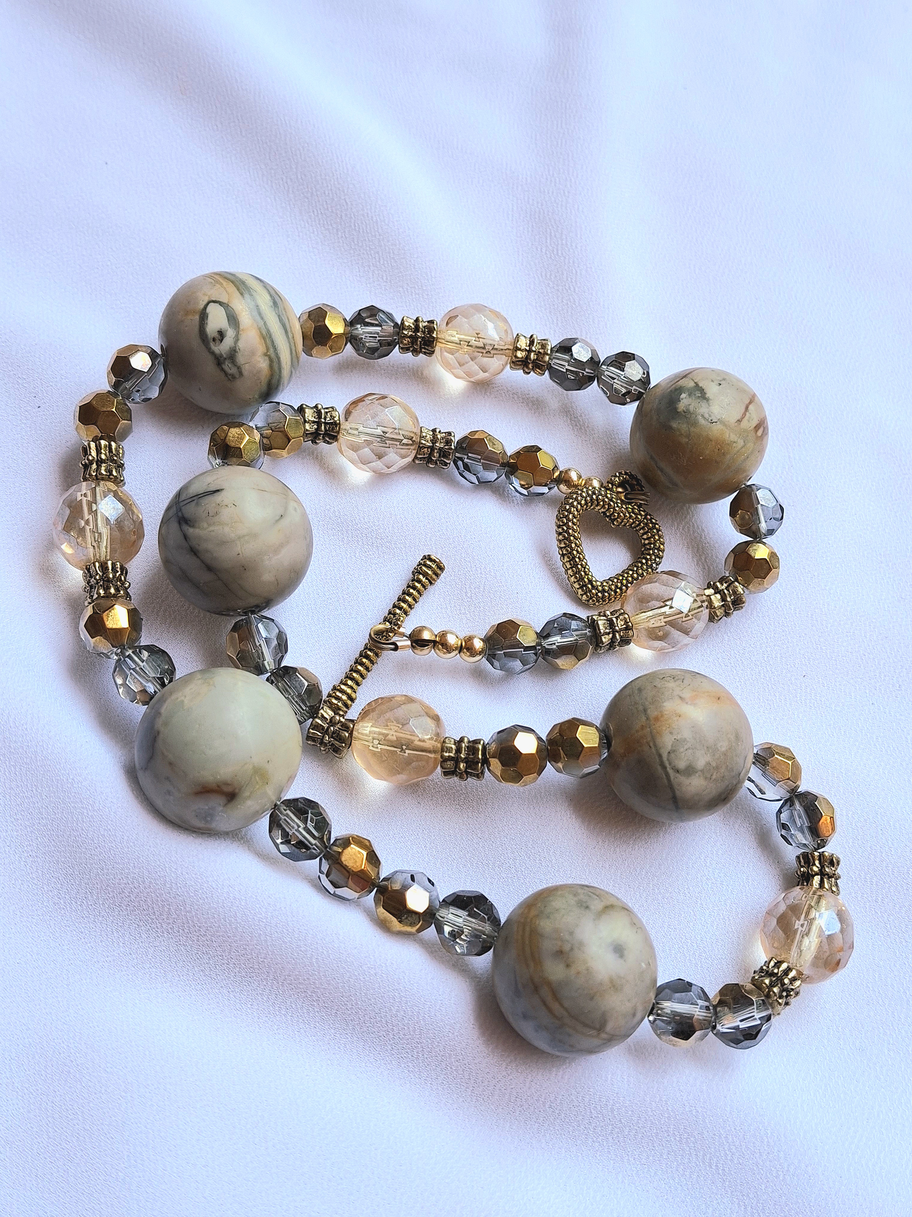 Image 3 for Artisan Jasper Stone & Crystal Beaded Necklace - EUC