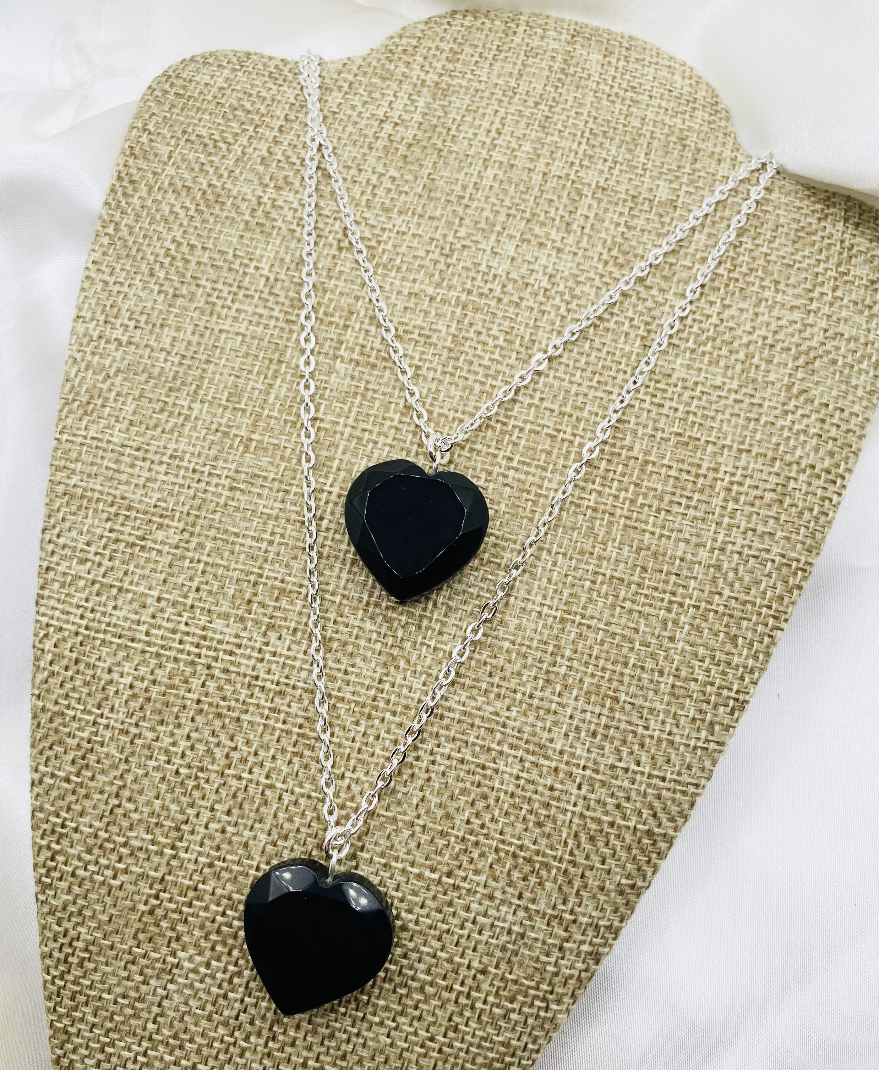 Image 3 for Layered Black Heart Necklace - Silver Chain - NWT