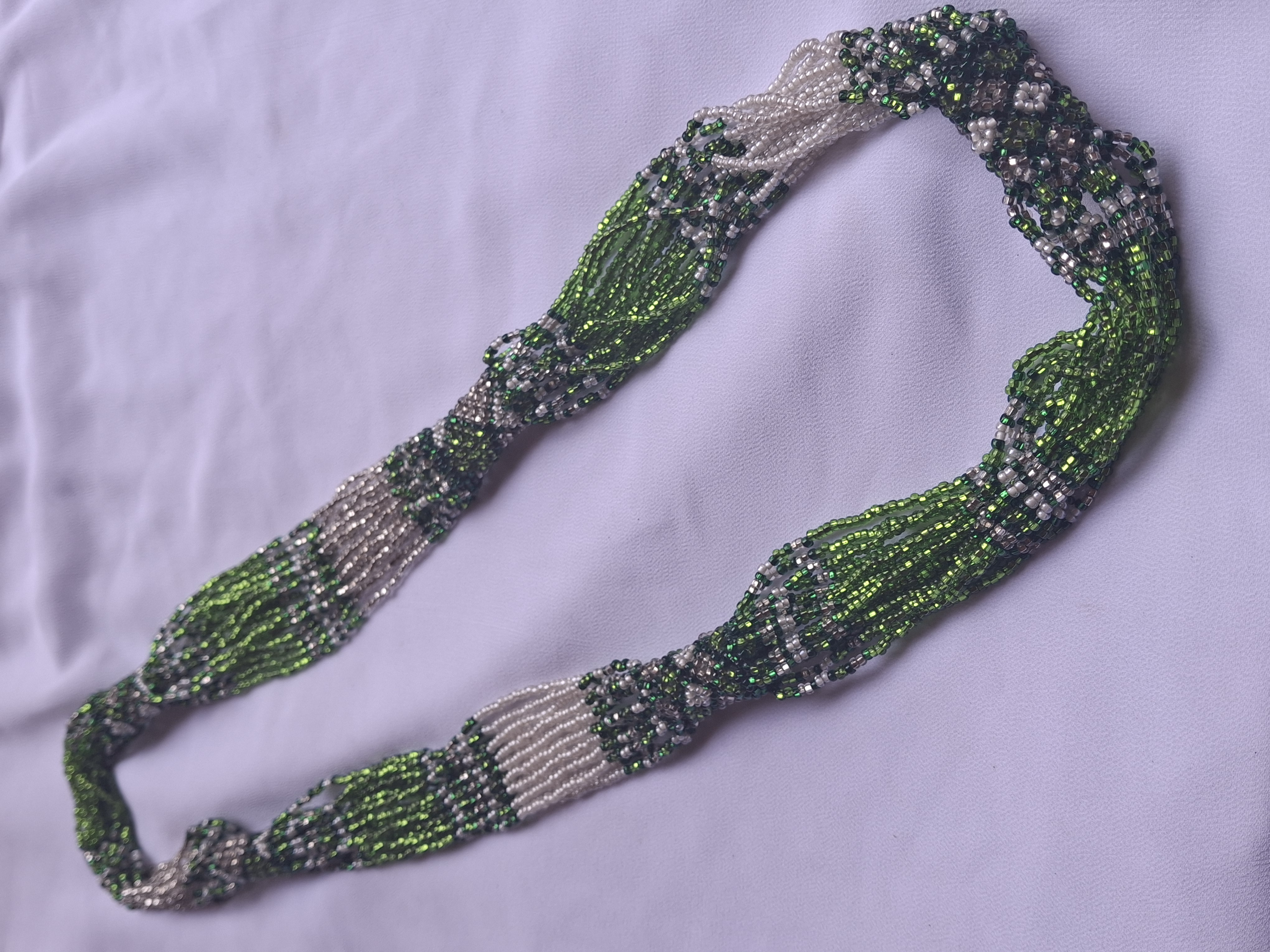Image 2 for Vintage Handmade Green & White Glass Seed Beaded Necklace