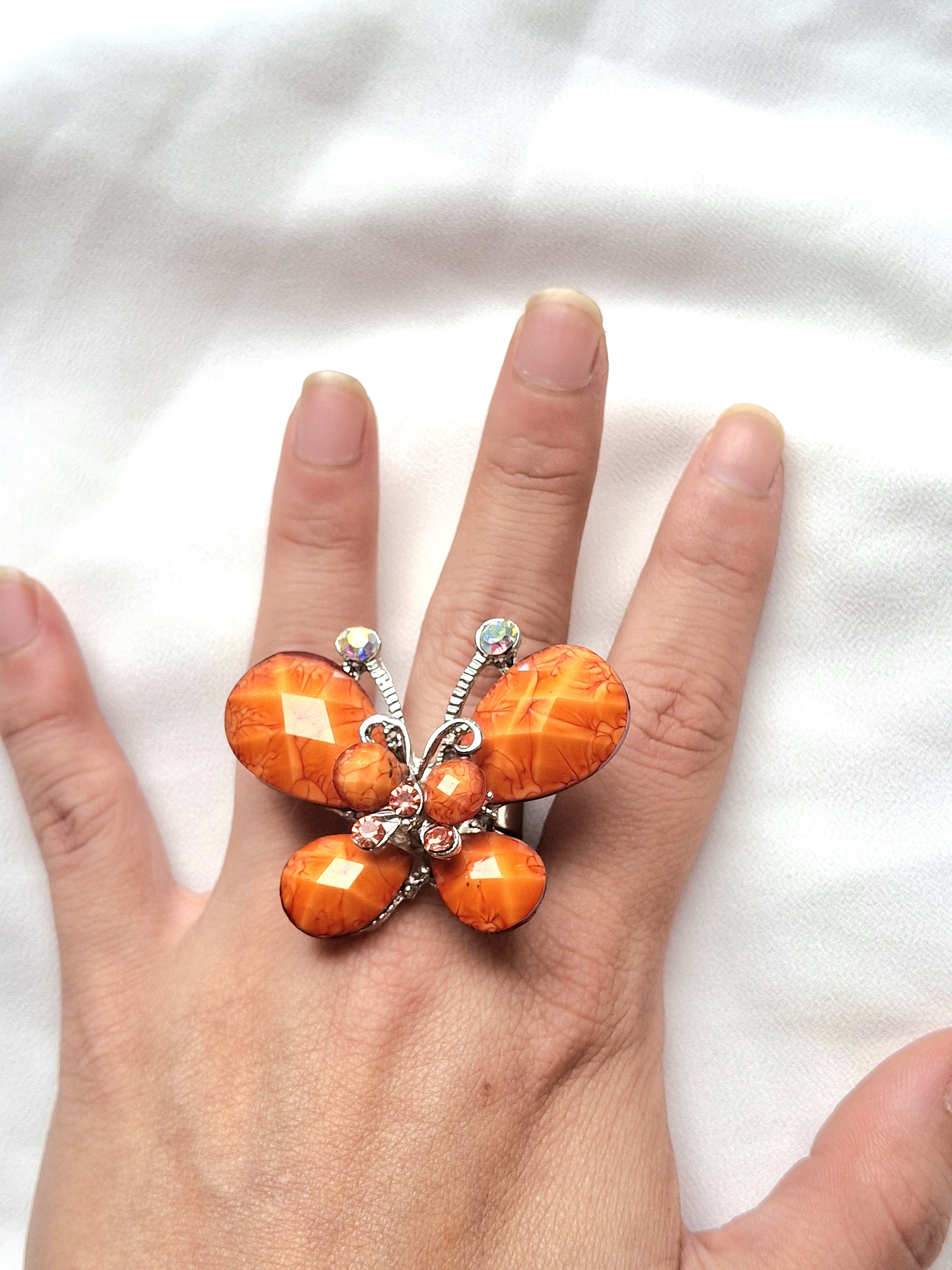 Large Silver Toned Orange Butterfly Statement Cocktail Ring Jewelry