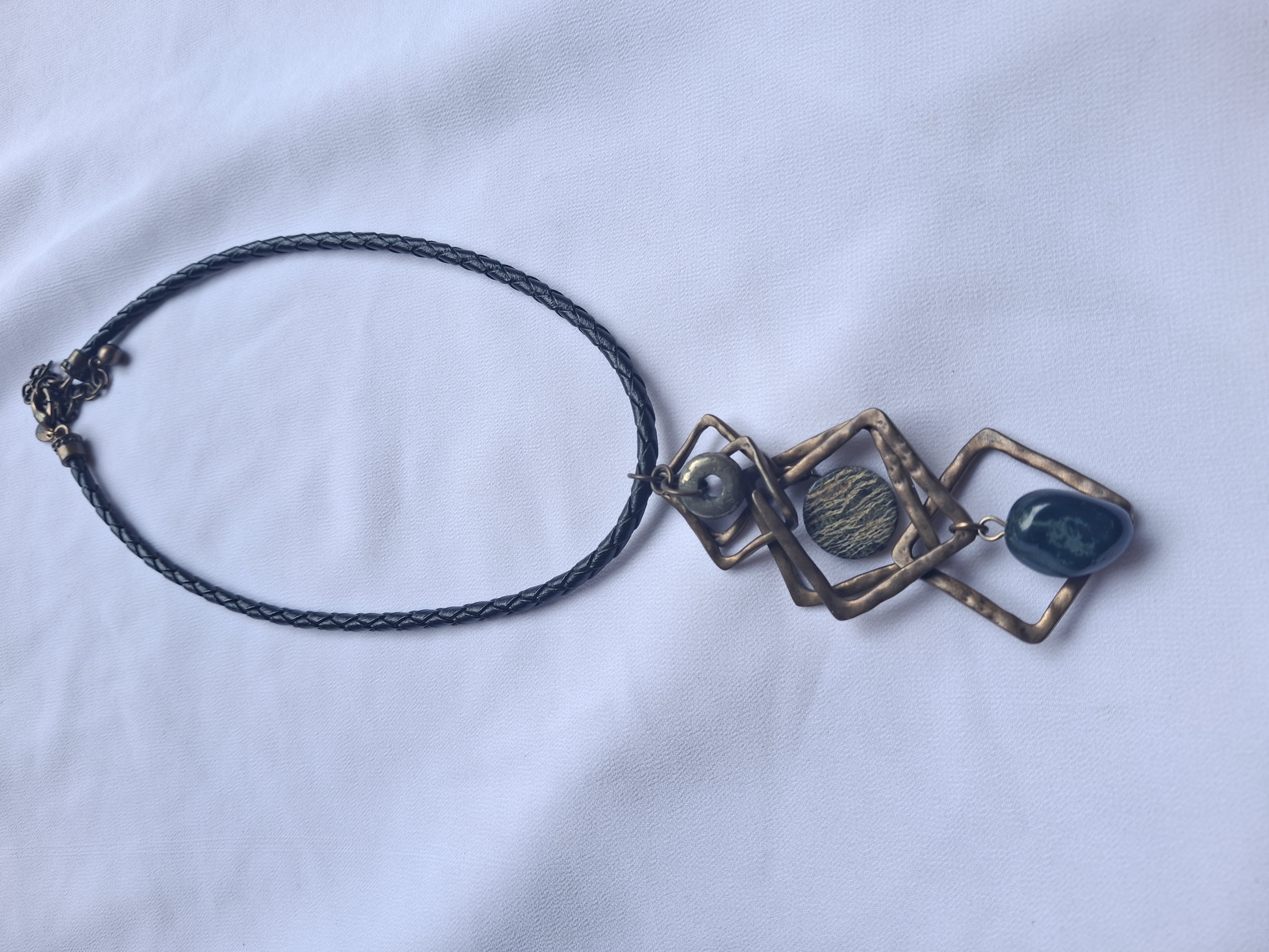 Image 4 for Vintage Geometric Bronze Toned & Stone Pendant Leather Statement Necklace
