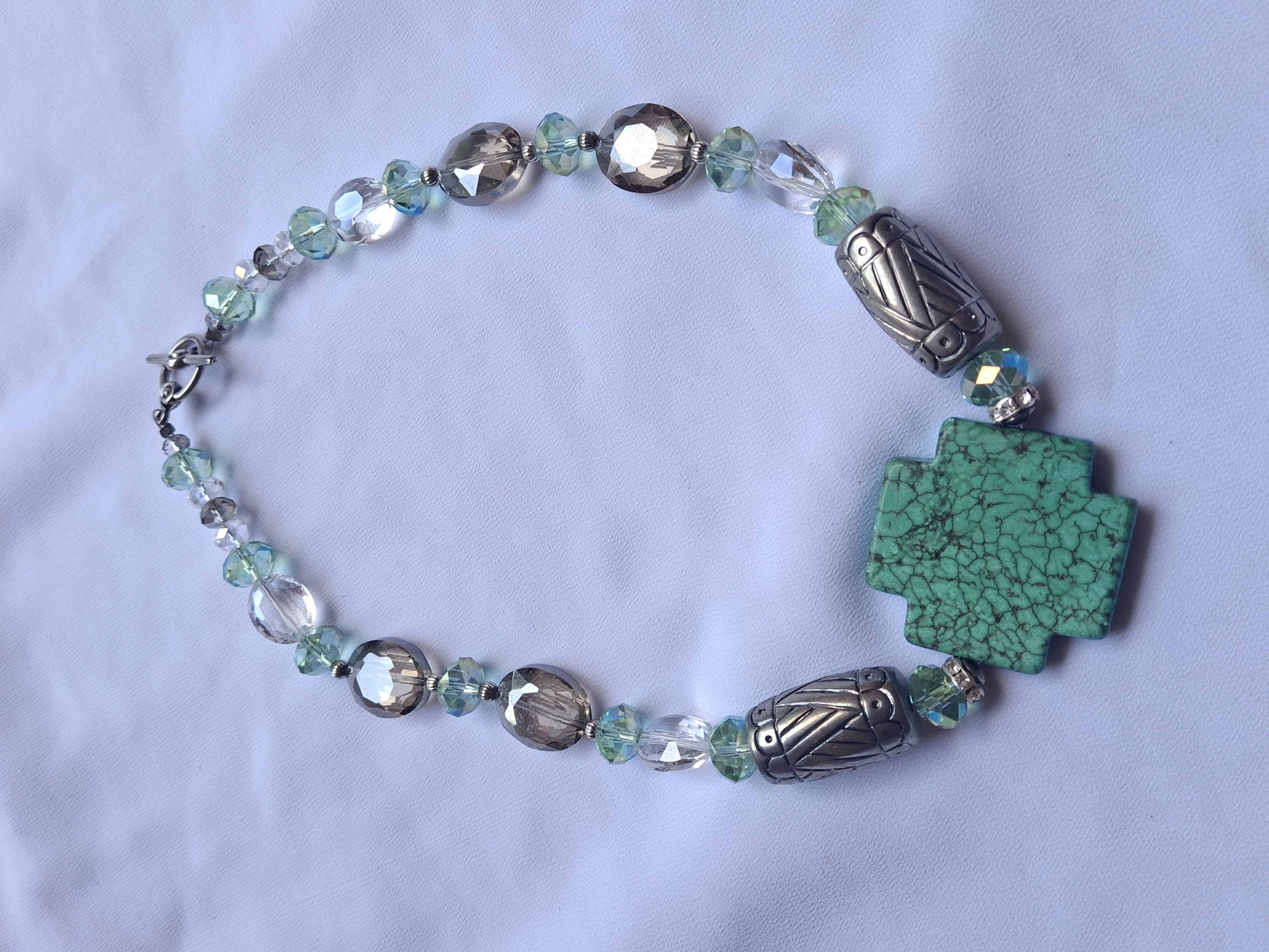 Image 2 for Vintage Turquoise & Crystal Beaded Cross Necklace